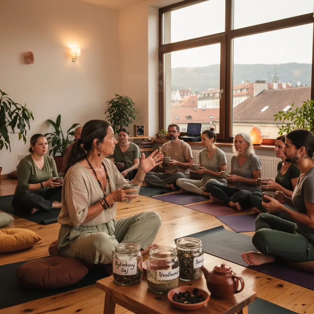 Zmes byliniek rozložená na bielom ubruse s čajovým kanvicou