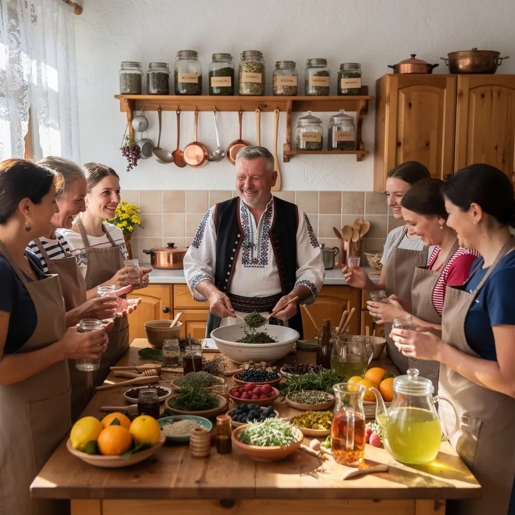 Zelený čaj v šálke obklopený bylinami na drevenom stole